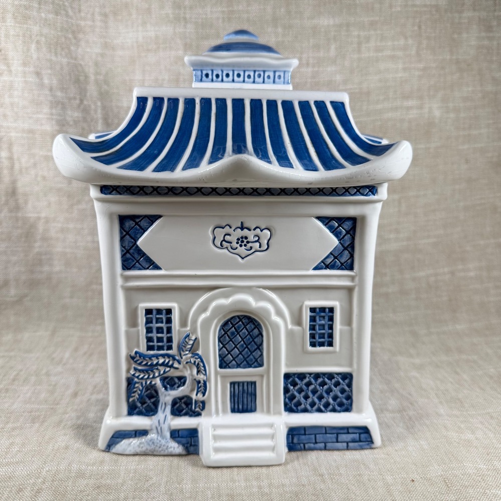 Vintage Willow Blue white Pagoda Cookie Jar Christopher Johnson Collectible